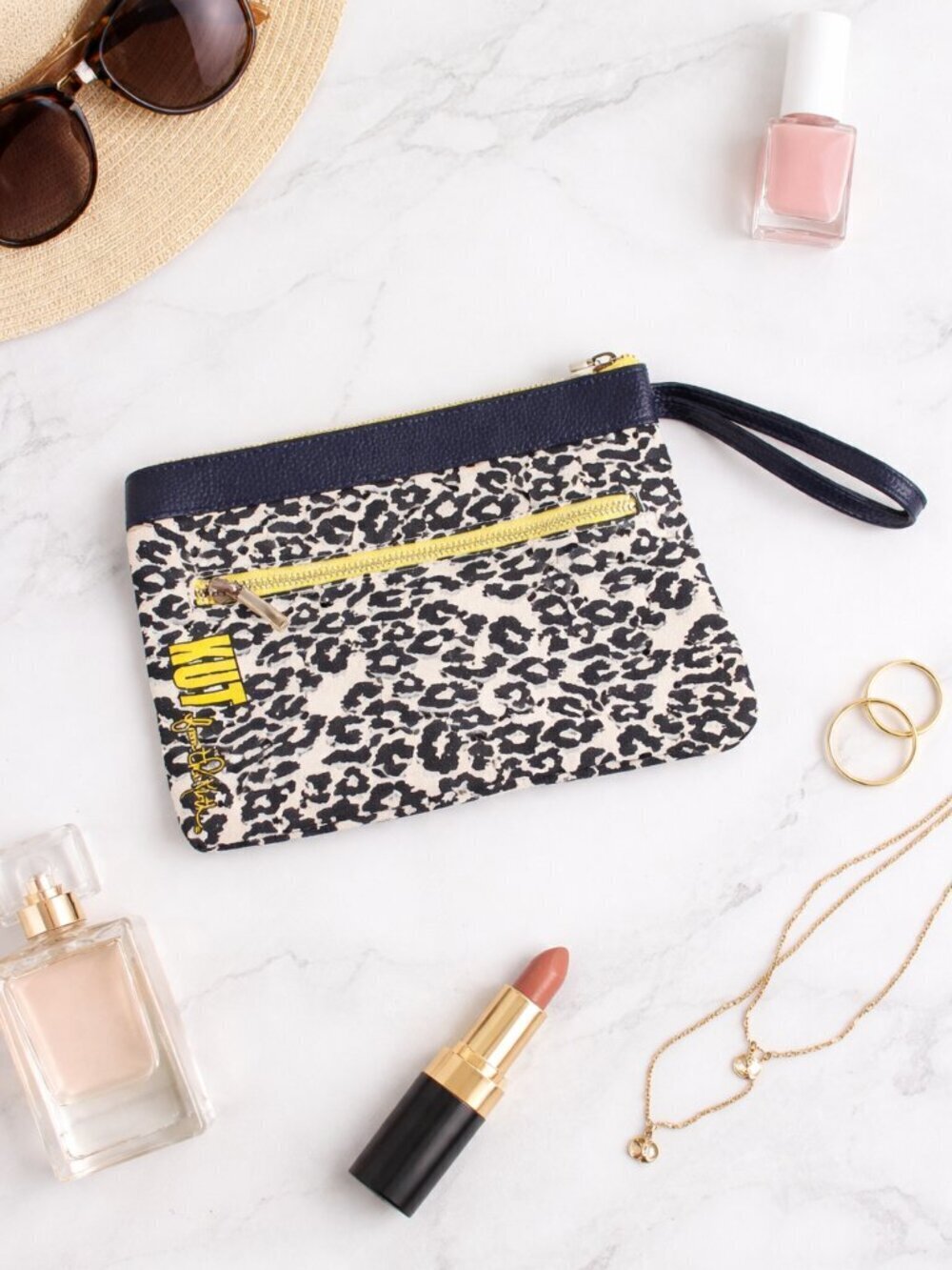 KUT From The Kloth Leopard Print Wristlet Clutch Navy Yellow Zip Pouch Bag